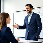A professional product manager, fully clothed in a modest business suit, actively listening with an open and receptive expression during a collaborative feedback session in a modern, brightly lit office. They are seated at a clean table, making eye contact with a colleague, embodying a growth mindset and a willingness to embrace constructive criticism for project advancement. The background features a whiteboard with neatly drawn diagrams and notes, suggesting a dynamic and focused discussion. The scene conveys a sense of deep engagement and mutual respect. Perfect anatomy, correct proportions, natural pose, well-formed hands, proper finger count, natural body proportions. Safe for work, appropriate content, fully clothed, professional, high quality.