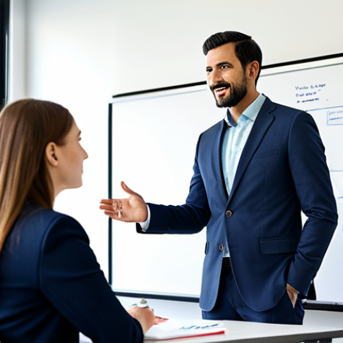 A professional product manager, fully clothed in a modest business suit, actively listening with an open and receptive expression during a collaborative feedback session in a modern, brightly lit office. They are seated at a clean table, making eye contact with a colleague, embodying a growth mindset and a willingness to embrace constructive criticism for project advancement. The background features a whiteboard with neatly drawn diagrams and notes, suggesting a dynamic and focused discussion. The scene conveys a sense of deep engagement and mutual respect. Perfect anatomy, correct proportions, natural pose, well-formed hands, proper finger count, natural body proportions. Safe for work, appropriate content, fully clothed, professional, high quality.
