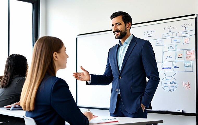 A professional product manager, fully clothed in a modest business suit, actively listening with an open and receptive expression during a collaborative feedback session in a modern, brightly lit office. They are seated at a clean table, making eye contact with a colleague, embodying a growth mindset and a willingness to embrace constructive criticism for project advancement. The background features a whiteboard with neatly drawn diagrams and notes, suggesting a dynamic and focused discussion. The scene conveys a sense of deep engagement and mutual respect. Perfect anatomy, correct proportions, natural pose, well-formed hands, proper finger count, natural body proportions. Safe for work, appropriate content, fully clothed, professional, high quality.