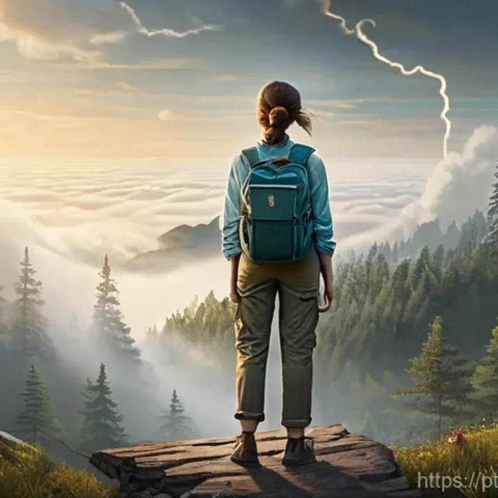개념의 깊이를 더하는 질문 기술 - **Prompt:** A young, determined woman, dressed in practical and modest hiking attire (long-sleeved s...