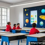 Home 21 개념 이해를 위한 시뮬레이션 도구 - A vibrant classroom scene in a modern Brazilian school, showing diverse students actively engaging w...