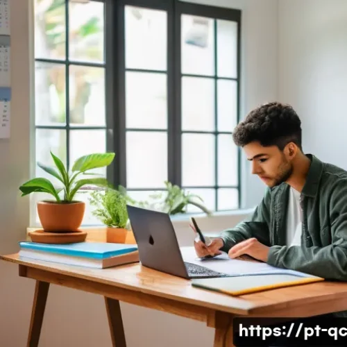 Home 32 개념 심화 학습을 위한 학습 목표 설정 - A focused Brazilian university student sitting at a wooden desk in a bright, organized home study ro...