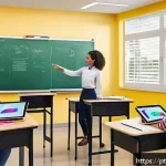 Home 19 개념 이해를 위한 플립드 클래스룸 기법 - A modern classroom scene in Brazil featuring a diverse group of students actively engaging with a te...