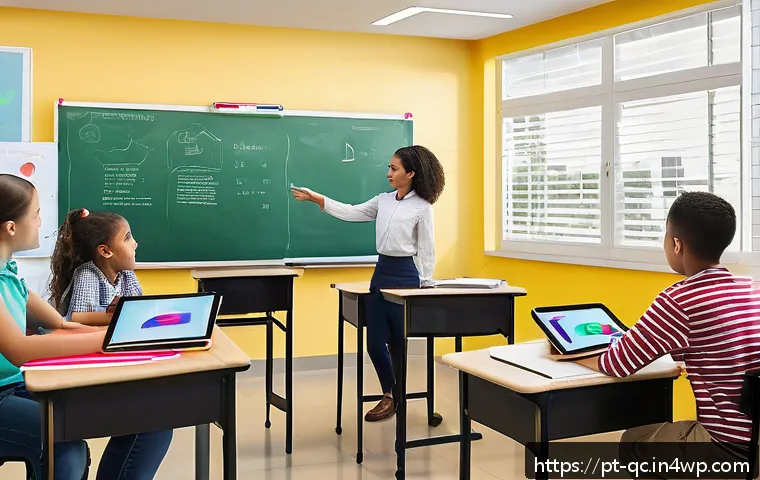 개념 이해를 위한 플립드 클래스룸 기법 - A modern classroom scene in Brazil featuring a diverse group of students actively engaging with a te...